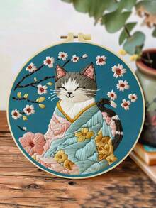1件 20*20cm/7.9*7.9in 可愛貓咪刺繡套件,DIY手工刺繡套裝,適合成人初學者,居家禮物,女性縫紉禮物,包含使用說明書、印花布料、刺繡框、針與線 - Cute Cat - 查看 8