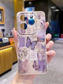 1pc Purple Butterfly Illustration Newspaper Camera Anti-Drop Phone Case UV Printed Compatible With Samsung/Galaxy/ Android Models - Beige - View 7