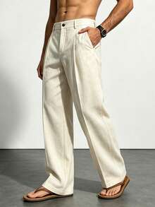 Men's Solid Color Straight Leg Casual Pants With Pockets, Suitable For Daily Commute And Vacation - Apricot - View 3