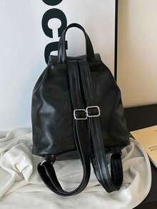 Dedoo Mochila con cordón,Decoración de remaches de unicolor,Doble bolsillo delantero,Gran capacidad,Mochila escolar,Campus universitario,Mochila de estudiante punk genial - Negro - Ver 6