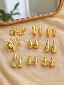 18pcs 9 Pairs Gold Tone Stainless Steel Stud Earrings Set For Women, Geometric Flower Shell Heart Earrings, Daily Vacation Party Jewelry - Gold - View 6