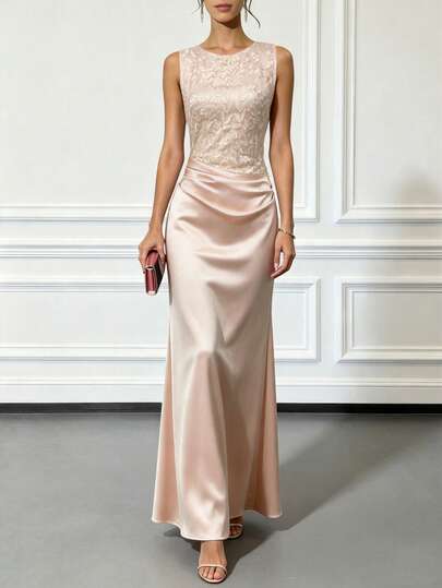 Women's Elegant Champagne Satin Maxi Dress, Sleeveless Floral Lace Embroidery, Draped Waistline, Floor-Length Formal Gown, Autumn Party Wedding Guest Dress