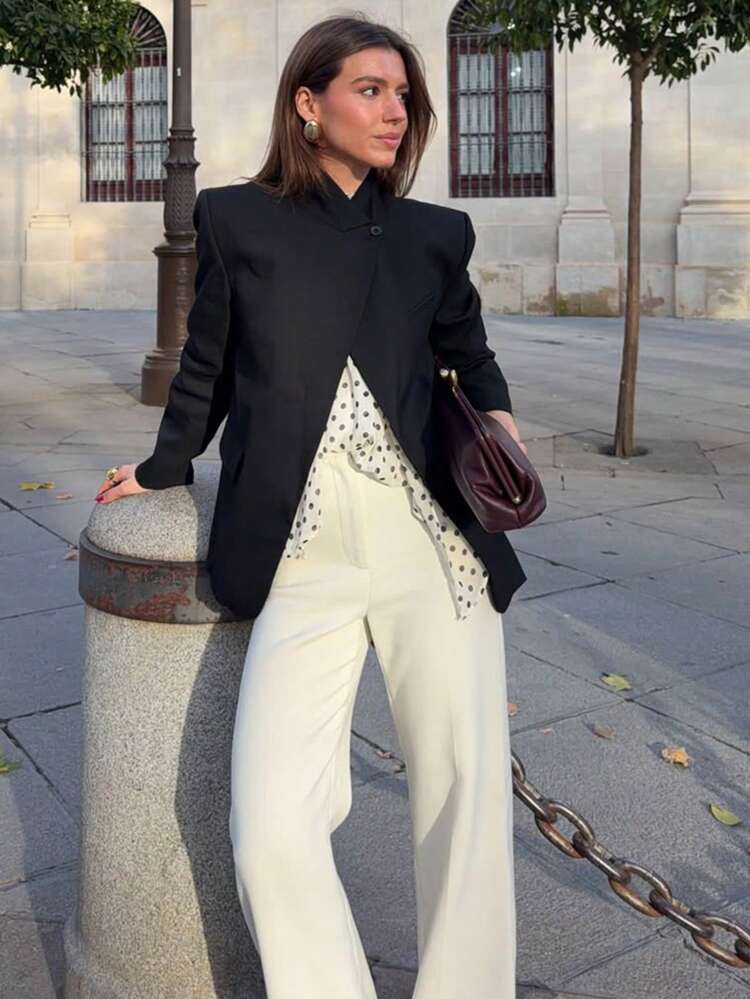 優雅奢華休閒黑色西裝外套，時尚畢業正式穿著，專業女性單排扣前開衩西裝外套，假期正式穿著，母親節 - 黑色 - 查看 1