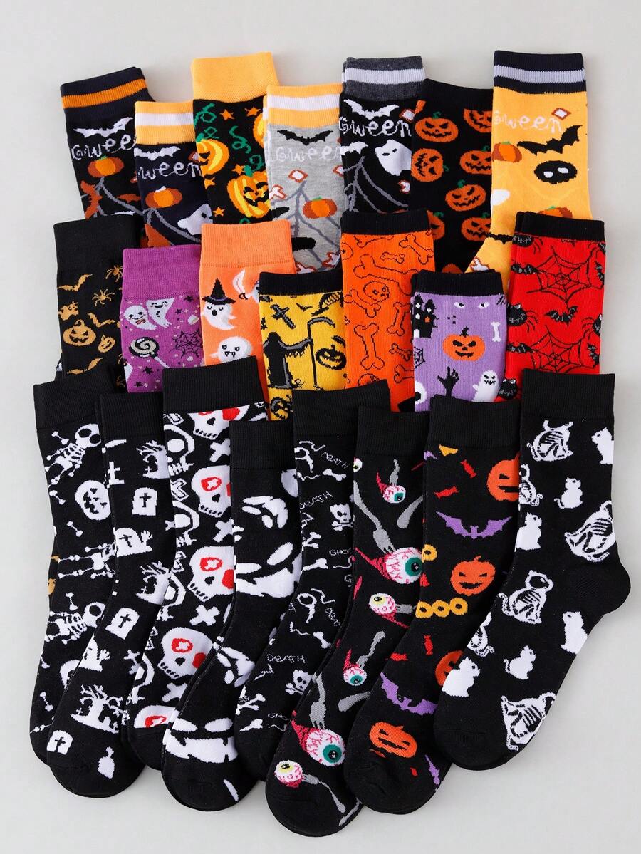 1/3/5/10 Pairs Random Halloween Party Theme Skeleton & Pumpkin Pattern Mid-Calf Socks, Unisex For Party And Holiday Use - Multicolor - View 1