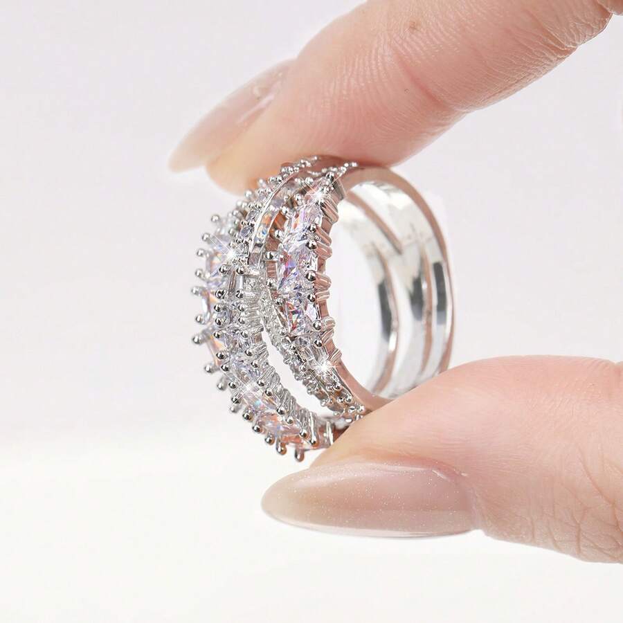 Bridal Ring Premium Luxury Non-Fading Full Cubic Zirconia Ring Fashion Versatile Ring Hand Jewelry - Silver - View 1