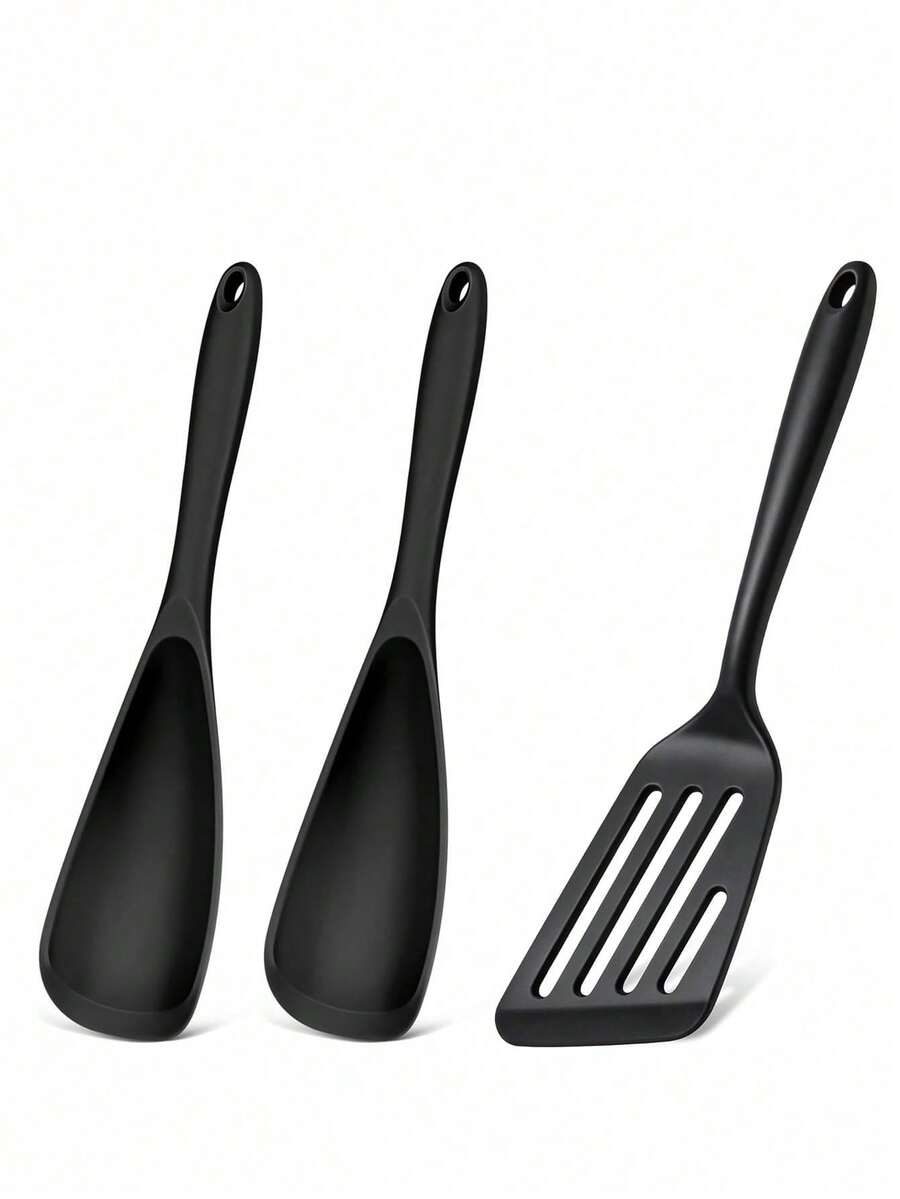 1/2/3pcs Silicone Cooking Spoon And Silicone Spatula Set, Slotted Turner, Suitable For Stirring, Scooping And Scraping, Silicone Fish Turner, Suitable For Non-Stick Cookware, Suitable For Cooking And Serving, Durable Non-Stick Kitchen Utensil Set, Kitchen Turner - Multicolor - View 1