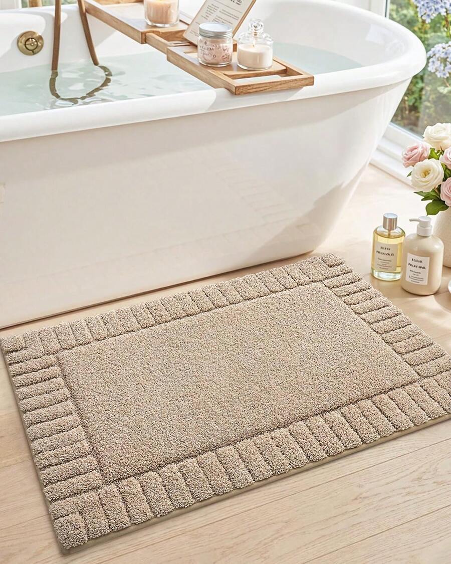 DEXI Tapete para Baño 40 x 60 cm, Alfombra de Baño Antiderrapante, Tapetes de Baño Supersuave y Absorbente, Lavable a Máquina, Blanco - Beis - Ver 1
