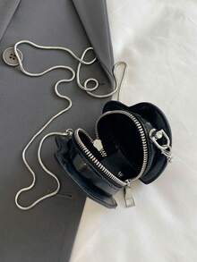 Women's Solid Color Heart Chain Crossbody Bag - Black - View 8
