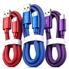 3入 USB Type C 快充數據線，兼容 Android 手機（3.3ft/6.6ft/9.9ft 尼龍編織），USB-A 轉 USB-C 充電線，適用於 及其他 Android 手機與設備，適合旅行/車內環境手機配件，紫色 - 紫+紅+藍 - 查看 2