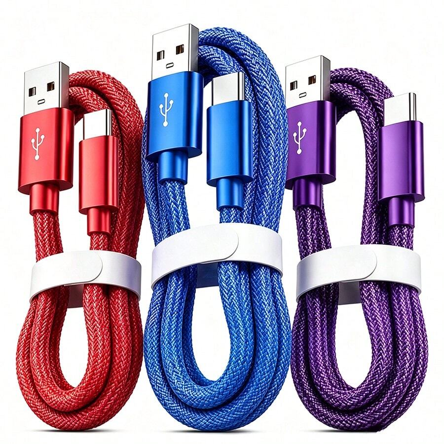 3入 USB Type C 快充數據線，兼容 Android 手機（3.3ft/6.6ft/9.9ft 尼龍編織），USB-A 轉 USB-C 充電線，適用於 及其他 Android 手機與設備，適合旅行/車內環境手機配件，紫色