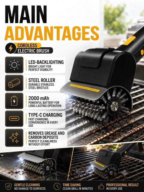 This Outdoor Electric Grill Cleaning Brush Features A Wireless Portable Design With A Thoughtful Lighting Design, Making It A Reliable Helper For Removing Grease And Rust From Grills. 2000mAh