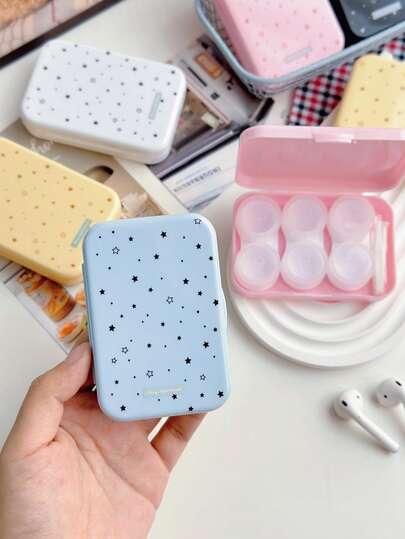 eyekan Estuche para lentes de contacto con patrón de estrellas, caja de almacenamiento portátil para 3 pares con accesorios de cuidado de lentes, diseño minimalista y lindo, adecuado para viajes y uso diario