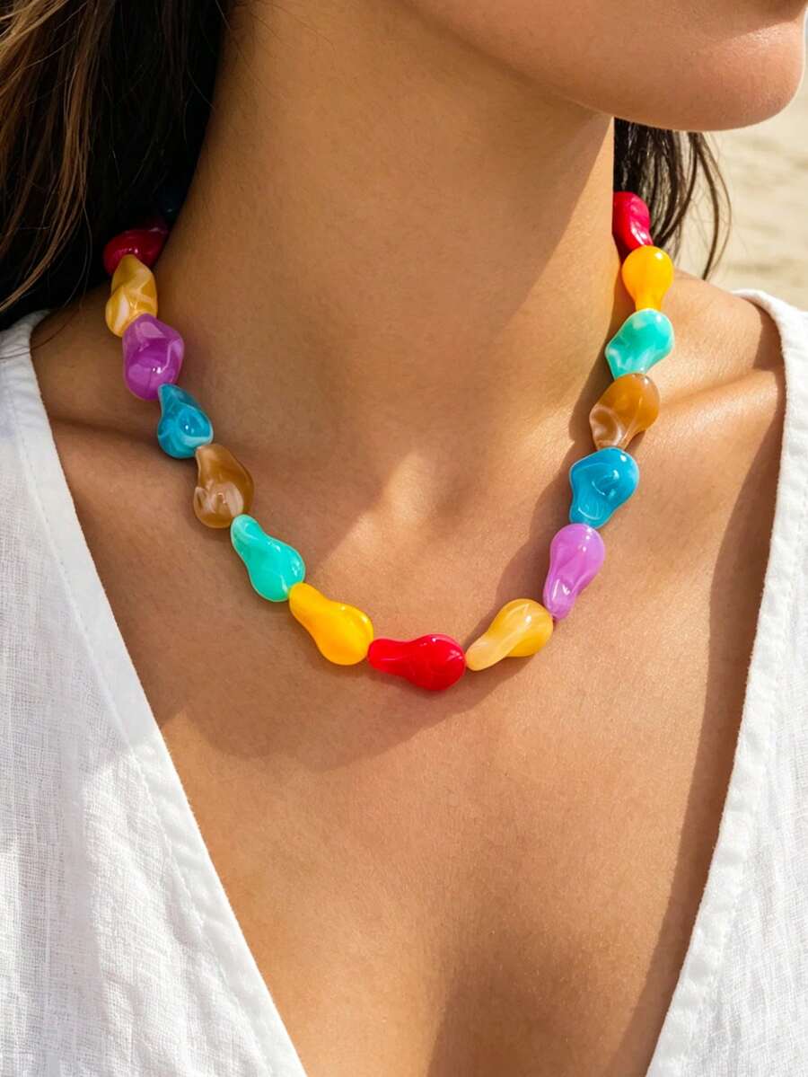 1pc Fashionable Cute Style Dopamine Heart Beaded Necklace, Suitable For Travel, Party, Birthday, Summer Vacation Wear - Colorful - View 1