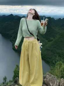 [Y6Y]Women's Thin Long Sleeve Knit Sweater, Autumn Soft Semi-Sheer Knit Top, Suitable For Layering With Tank Top - Green - View 1