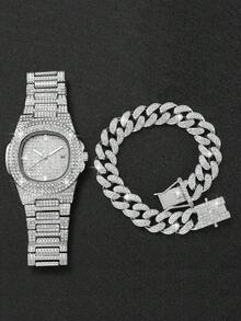 Men's Hip Hop Full Rhinestone Square Dial Calendar Quartz Watch + Hip Hop Full Rhinestone Bracelet, Boyfriend Gift (2pcs/Set) Watch Box Not Included - Silver - View 3