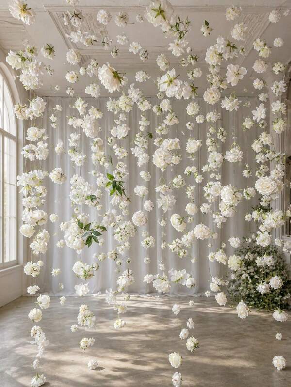 MEHELANY 90pcs White Artificial Hanging Floral Garland DIY Flower Curtain Pendant Decor For Wedding Birthday Party Arch Home Garden Spring Summer Wall