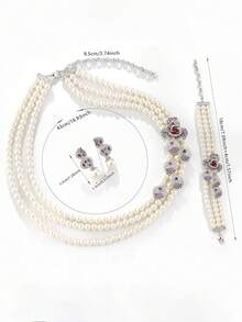 1set Multi-Layer Beaded Necklace + Earrings, Floral Set, Elegant Accessories For Women, Women's Jewelry Set, Pearl, Zirconia Decor, Premium Gift For Women - Jewelry Sets - View 3