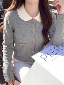 女款秋冬韓式甜美拼色彼得潘領針織開襟衫，通勤旅行適用，萬聖節、聖誕節、新年氛圍秋季風格 - 灰色 - 查看 6