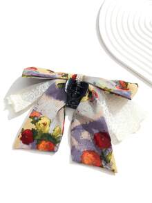 1pc Vintage Colorful Oil Painting Gradient Print Bow Pearl Ponytail Claw Clip Hair Accessory, Versatile For Daily/Date/Commute - Multicolor - View 3