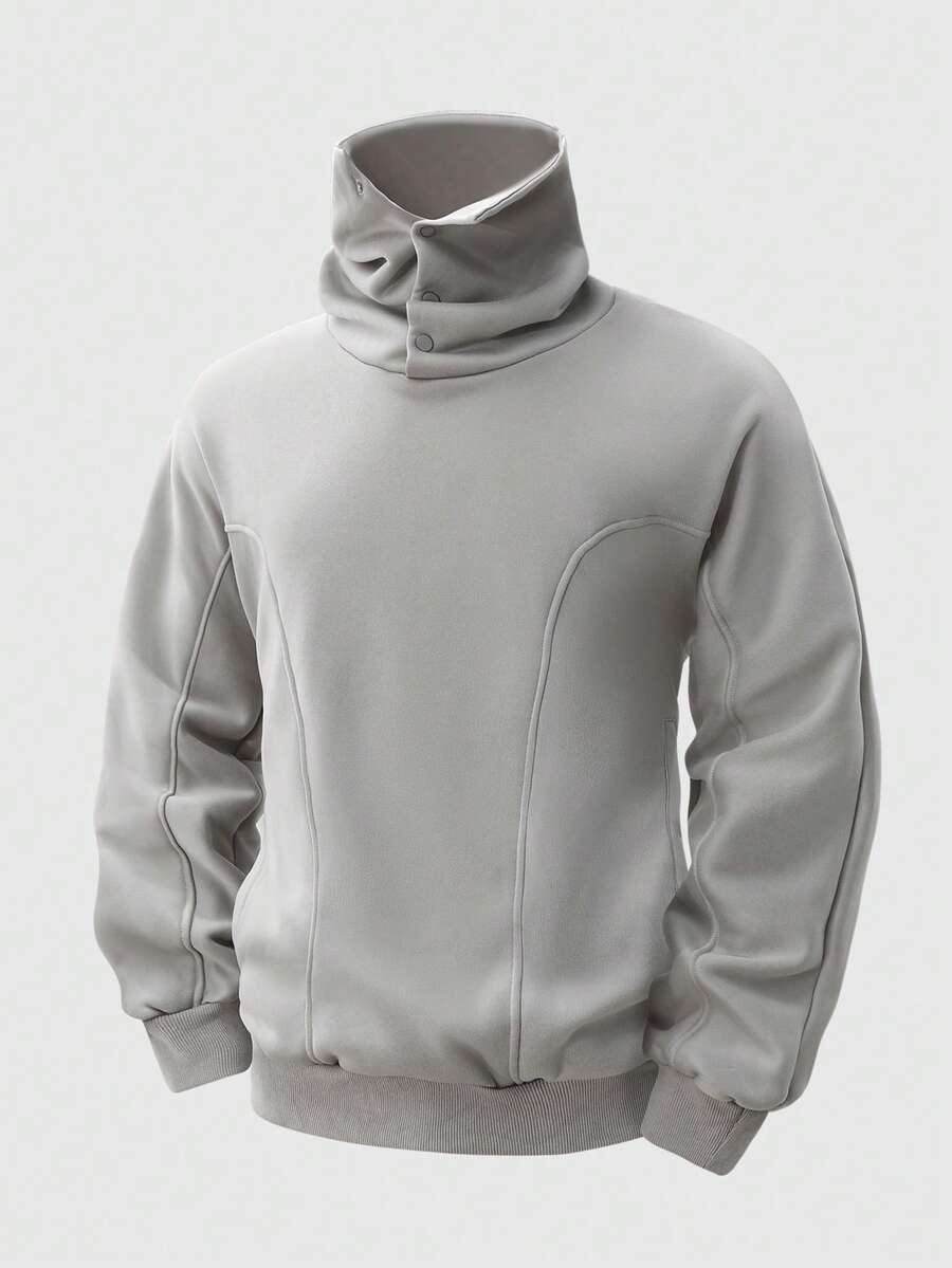 Modcrash Men High Neck Knit Pullover Sweatshirt, Solid Color Patchwork Long Sleeve Loose American Streetwear Autumn Winter Top Fall/Autumn/Winter - Grey - View 1