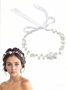 1pc Women's Elegant Minimalist Floral Beaded Headband, Small Flower Rice Bead Soft Chain Bridal Hair Accessory, Suitable For Dressing Up And Photography - Silver - View 5