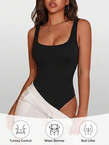 Women's Black Sleeveless Square Neck Bodysuit, High Elastic Ribbed Fabric, Open Back Design, Slim Fit, Summer Clean Look - Black - View 3