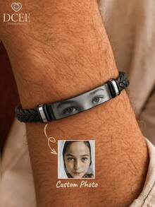 1pc Customized Engraved Genuine Leather Bracelet, Christmas Gift, Suitable For Boyfriend/Friend/Father, Can Personalize With Eye Photo, Fashionable And Durable, Gift For Men - Black Bracelet - View 2
