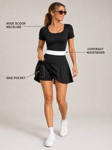 Women's Colorblock Waist-Cinched Sports Dress, Built-In Shorts With Side Pockets, Slim Fit Short Sleeve Tennis Skirt, Black - Black - View 3