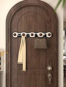 Self-Adhesive No-Drill Wall Hook Rack, Cute Black Cat Pattern Wavy Coat & Hat Rack, Multiple Wooden Ball Hooks, Suitable For Clothes, Bags, Keys And Scarves, Bedroom Hallway Aesthetic Decor Storage Organizer - Multicolor - View 8