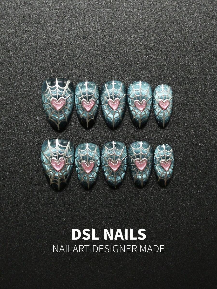 10 unhas postiças artesanais em forma de amêndoa, base cintilante azul ...