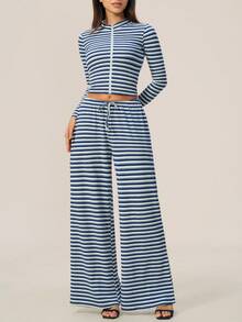 TimeOff Women's One Set Autumn/Winter Color-Block Striped Zip-Up Jacket With Side Pockets And Drawstring Waist Wide-Leg Pants - Royal Blue - View 7