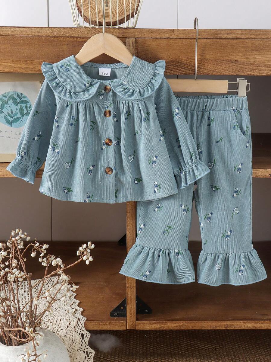 2pcs Baby Girl Forest Style Neighbor Girl Peter Pan Collar Printed Long Sleeve Cardigan & Long Pants Set, Thin, Spring/Autumn, Outdoor Casual - Dusty Blue - View 1