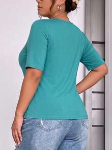 Plus Size Scoop Neck Short Sleeve Knitwear, Solid Layering Tee With Integrated Shaping Support, Women Comfort Daily Outfit - Cadet Blue - View 6
