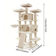 Multi-Level Cat Tree 173cm Cat Tower With Double Condos, Soft Hammocks, Sisal Scratching Ramp, Top View Perch And Dangling Pom-Poms, Stable Cat Play Furniture For Indoor Cats - Beige - View 8