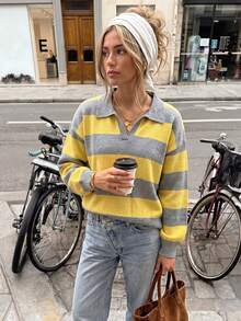 Suéter de punto para mujer, top de manga larga con cuello polo a rayas estilo preppy vintage, atuendo de otoño, ropa casual de calle, moda de oficina. Otoño - Amarillo + Gris - Ver 5