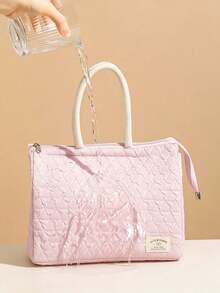 1pc/10pcs Sweet Fresh Style Quilted Fabric Rectangular Lunch Tote Bag, Diamond Embossed Pattern, With Rope Handle And Tag, Zipper Closure Insulated Food Container, Portable Thermal Cooler Bag, Suitable For Office Work, School, Picnic And Outdoor Daily Use - View 7