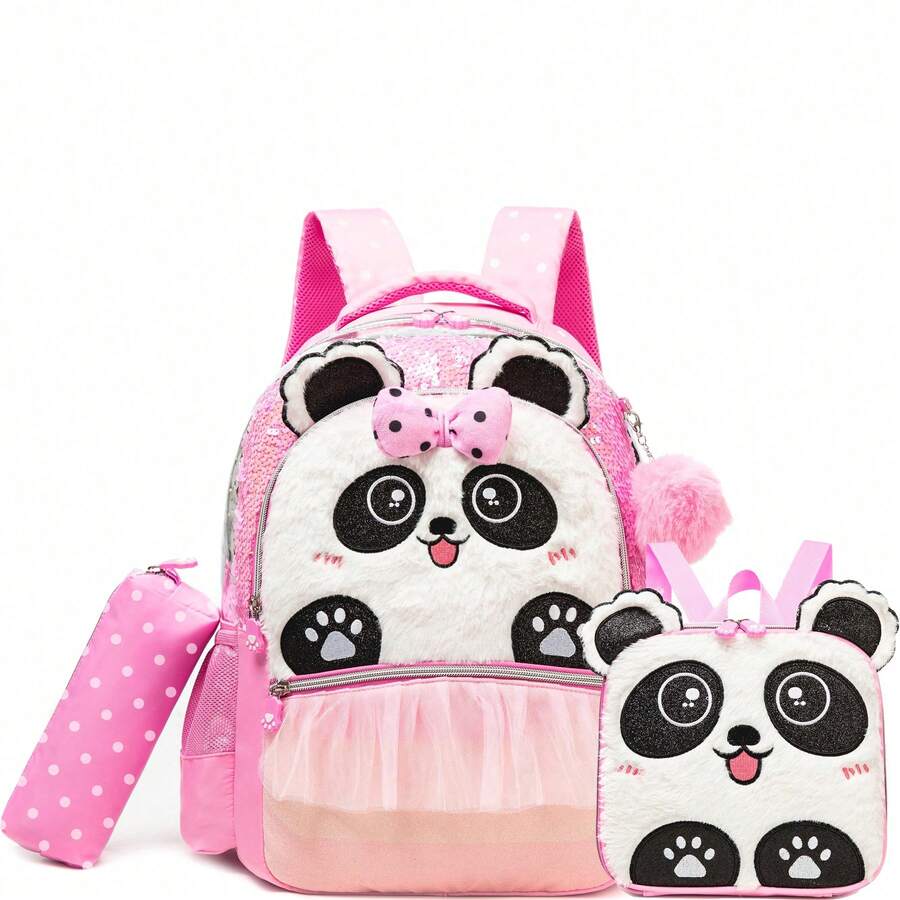 3er Set süßer Mädchen Plüsch Rucksack, geeignet für Schüler, inklusive Umhängetasche und Federmäppchen - Roséweiß L7008 - Übersicht 1