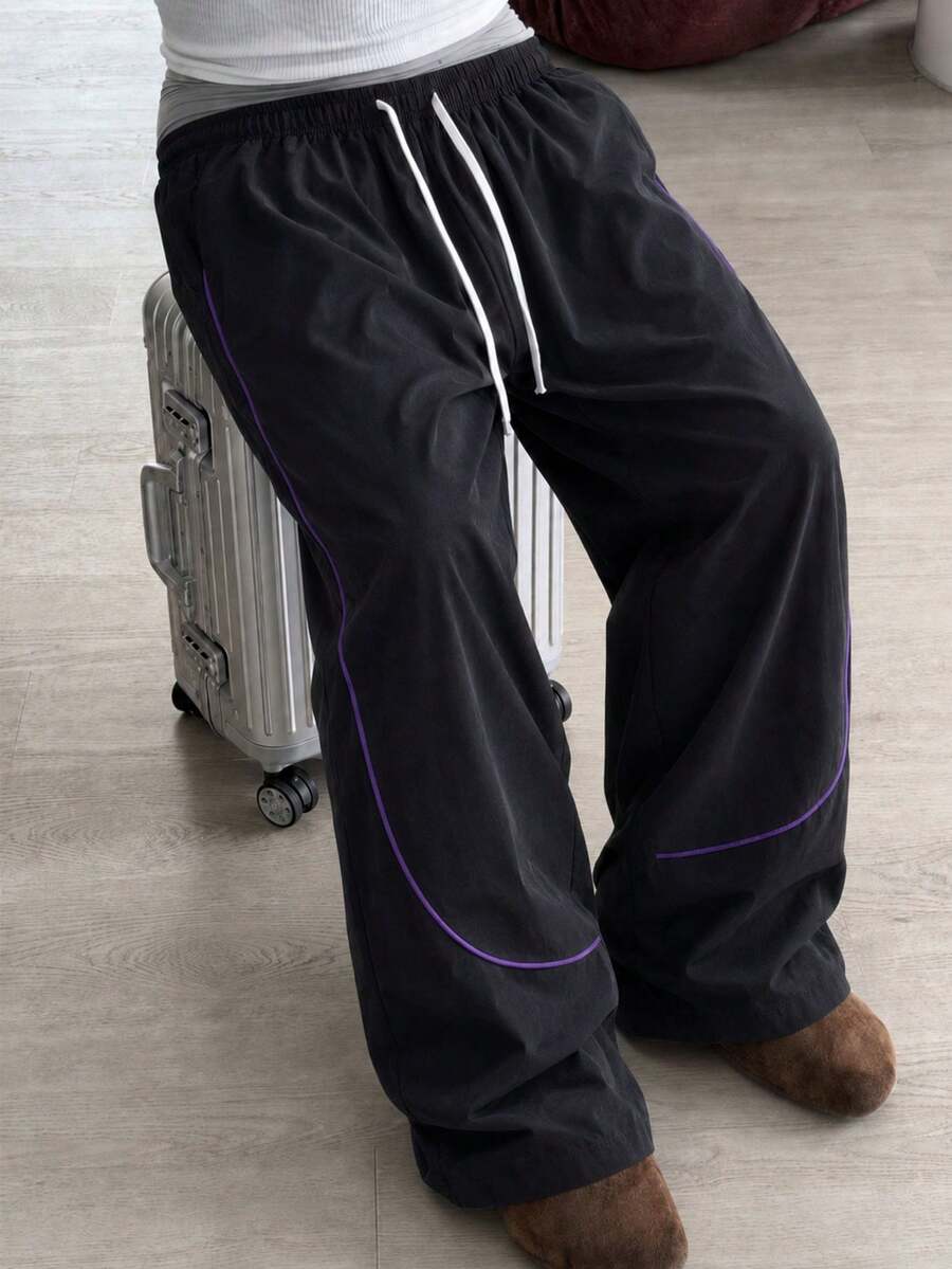 男士黑色寬鬆寬腿運動休閒褲,舒適街頭風,開口褲腳,抽繩腰頭 - 黑色 - 查看 1