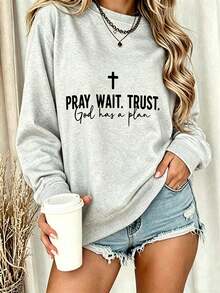 Letter Retro Retro English Back To School Season PRAY WAIT TRUST GOD HAS A PLAN Back To School Women Outfits Women's Casual Sweatshirt-Autumn/Winter - 灰色1 - 查看 10