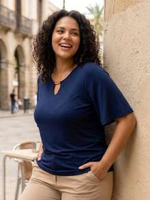 AME MODAS Women's Plus Size Blouse In Viscolycra Knit With Flutter Sleeves And Iron-On Detail On The Neckline 8.8 - 藏蓝色 - 查看 2