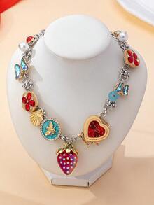 OABE 1pc Personalized Summer Fresh Elegant Strawberry/Heart/Butterfly Multi-Pendant Women's Charm Necklace Suitable For Vacation/Daily Wear - Multicolor - View 5