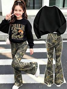 Teen Girls American Street Style Letter & Number Print Crew Neck Sweatshirt With Dried Leaf All-Over Print Flare Leg Pants 2-Piece Set, Autumn/Winter Outfit, Homecoming Look - Black - View 2