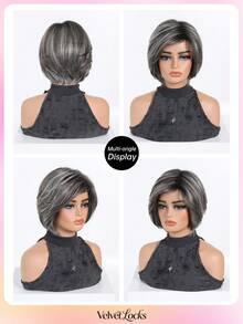 [Velvet Locks] Soft Heat-Resistant Layered Straight Side Part Bob Gray Highlights 12-Inch Synthetic Wig For Women For Elegant Daily Party - 挑染灰色 - 查看 8