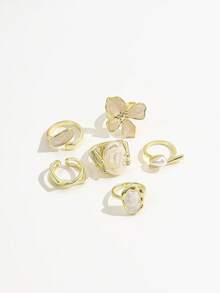 6PCS White Drip Flower Asymmetric Faux Pearl Rings, Twisted Wire Asymmetrical Metal Stackable Ring Set For Women - Gold - View 4