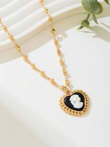 1pc Fashionable Vintage French Design Elegant Black Heart Chain Pendant Necklace For Women - Yellow Gold - View 5