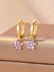 1 Pasang Anting Hoop Bunga Zirkonia Berwarna-warni Bergaya Eropa dan Amerika, Desain Dewi Keberuntungan Penyembuhan Romantis yang Indah, Cocok untuk Pemakaian Sehari-hari, Liburan, Pesta Pantai, Hadiah Dekoratif - Yellow Gold - View 5