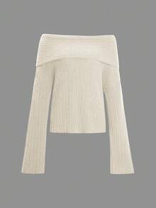 Women's Off-Shoulder Ribbed Knit Pullover Sweater Long Sleeve Cream Color Winter Top - Apricot - View 3