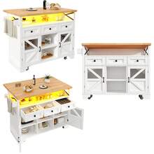 Mobile Kitchen Island Cart With Foldable Countertop, 3 Drawers, And Glass Door Storage Cabinet, X-Shaped Metal Frame Design, Versatile Storage, Suitable For Kitchen, Living Room, And Balcony - White - View 9