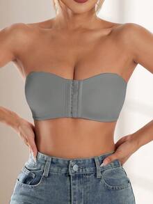 CELILIN Grey Front Closure Strapless Bandeau Bra For Women, Anti-Slip Non-Slip Push-Up Skin-Friendly Seamless Bandage - Grey - View 5