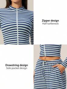 TimeOff Women's One Set Autumn/Winter Color-Block Striped Zip-Up Jacket With Side Pockets And Drawstring Waist Wide-Leg Pants - Royal Blue - View 5